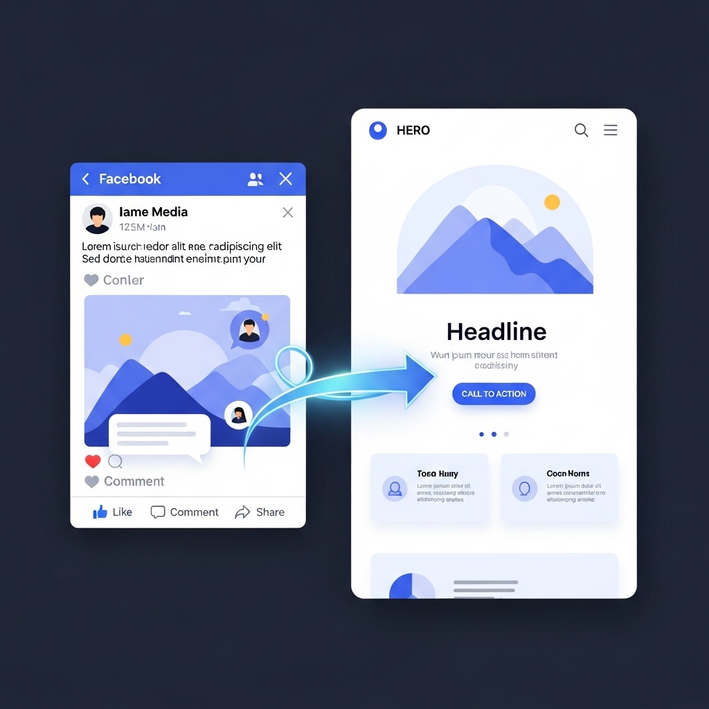 Visuel représentant la transition d’un trafic Facebook vers une landing page optimisée.