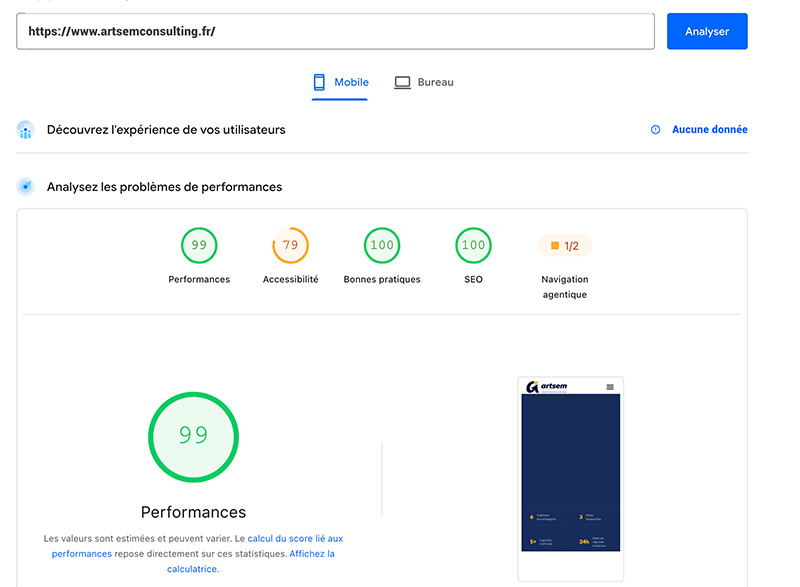 Agence web Madagascar artsemconsulting pagespeed